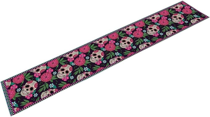 YCness Dia De Los Muertos Table Runner Red Floral Cinco De Mayo Rustic Linen Mexican Sugar Skull Day of The Dead Altar Decoration for Home Kitchen Dining Room, 13x108 Inch Black