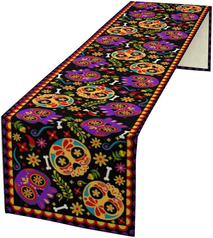 Mexican Fiesta Table Runner Decoration Skull Cinco De Mayo Dia De Los Muertos Runners Farmhouse Rustic Day of The Dead Decor Supplies for Kitchen Dining Home, 13x36 Inch Black