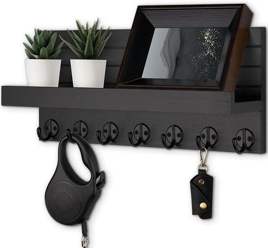 Lwenki Key Holder Wall Mount, Entryway Key and Mail Holder with 7 Sturdy Hooks for Sunglasses, Dog Leash, Decorative Wall Shelf with Mounting Hardware, 15”W x 6.7”H x 4.2”D