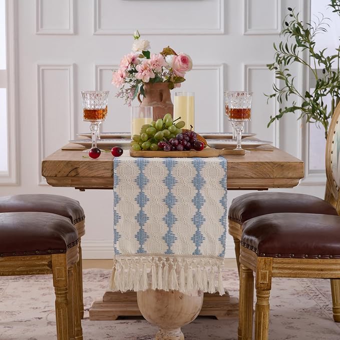 Fancy Homi Light Blue Boho Cotton Polyester Table Runner 60 Inches Long, Farmhouse Macrame Table Runners with Tassels for Home Party Bohemian Rustic Bridal Shower Kitchen Dining Decor 12x60 Inches