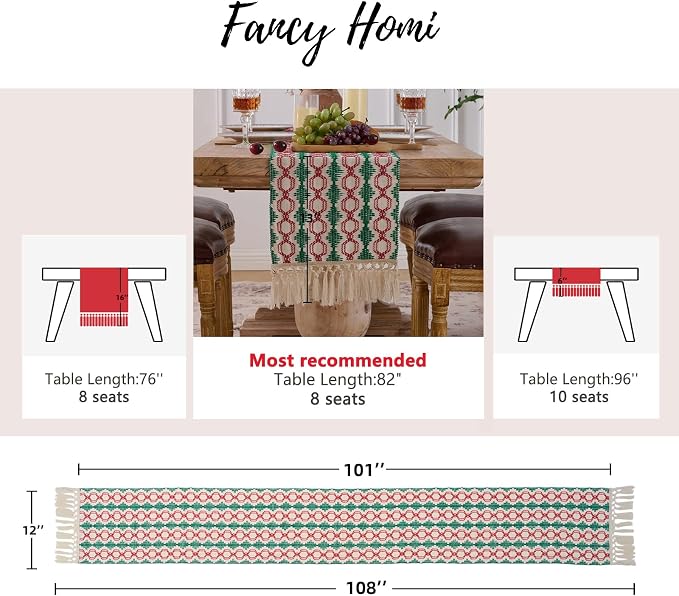 Fancy Homi Christmas Boho Cotton Polyester Table Runner 108 Inches Long, Farmhouse Macrame Table Runners with Tassels for Home Party Bohemian Rustic Bridal Shower Kitchen Dining Decor 12x108 Inches