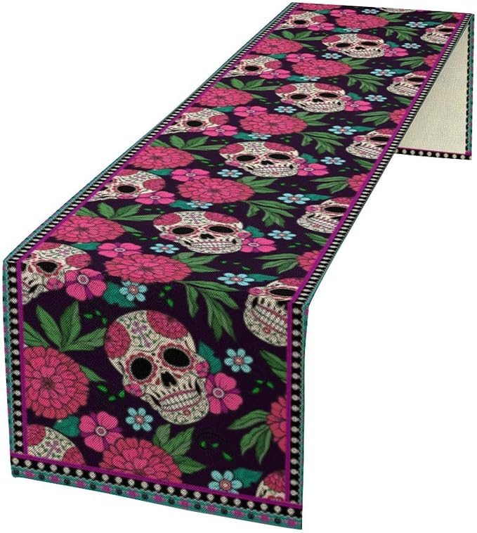 YCness Dia De Los Muertos Table Runner Red Floral Cinco De Mayo Rustic Linen Mexican Sugar Skull Day of The Dead Altar Decoration for Home Kitchen Dining Room, 13x108 Inch Black