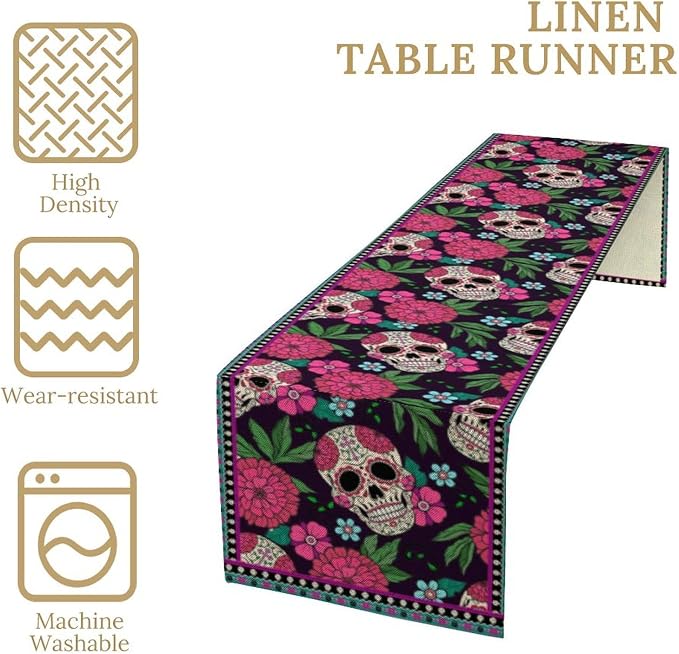 YCness Dia De Los Muertos Table Runner Red Floral Cinco De Mayo Rustic Linen Mexican Sugar Skull Day of The Dead Altar Decoration for Home Kitchen Dining Room, 13x108 Inch Black