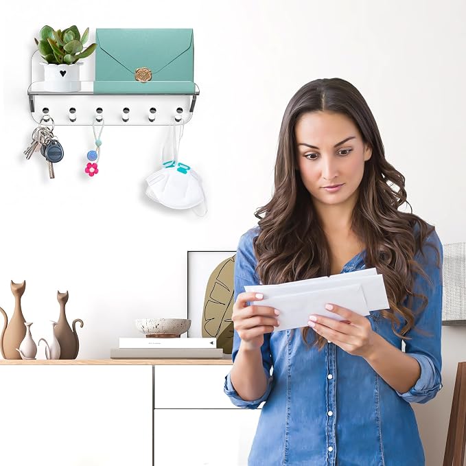 Beego Entryway Key Holder for Wall - Clear Acrylic Key Rack with Shelf Decorative Key Hanger Wall Mount Mail Organizer with 6 Key Hooks for Office Hallway Kitchen Living Room Home Décor