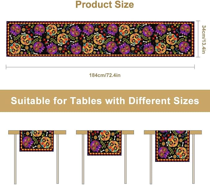 Mexican Fiesta Table Runner Decoration Skull Cinco De Mayo Dia De Los Muertos Runners Farmhouse Rustic Day of The Dead Decor Supplies for Kitchen Dining Home, 13x36 Inch Black