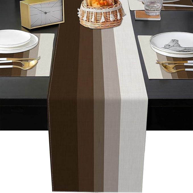 Emvency Coffee Brown Grey Gradient Stripe Table Runner and Placemats Set of 6,Modern Geometric Painting Art Dining Decor for Daily Use(1 Table Runner 72 inches Long and 6 Placemats)