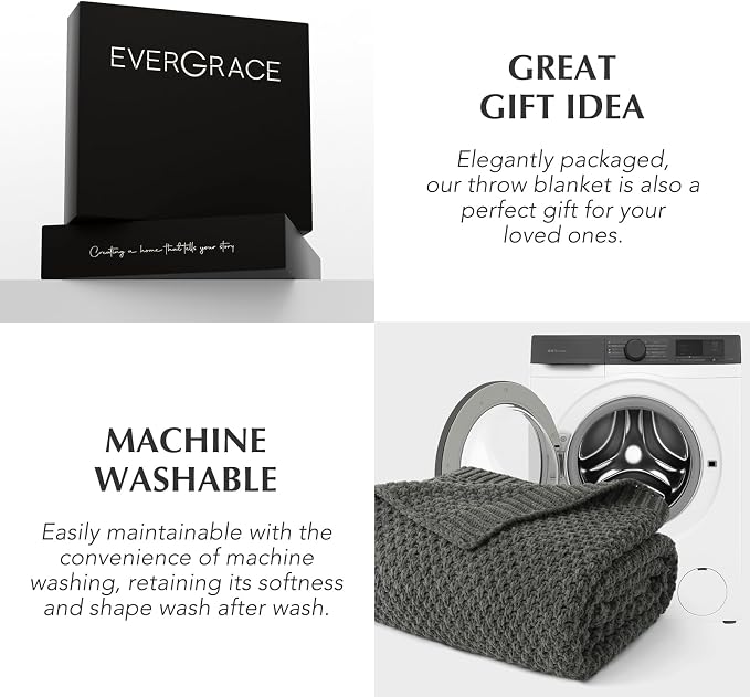 EVERGRACEHOME Chunky Chenille Knit Throw Blanket for Couch, Soft Luxurious Moss Stitch Blankets for Bed, Cozy Decorative Farmhouse Knitted Throws for Sofa, Charcoal Gray, 60" x 80"