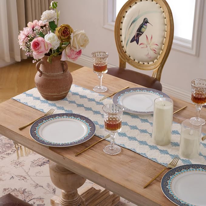 Fancy Homi Light Blue Boho Cotton Polyester Table Runner 60 Inches Long, Farmhouse Macrame Table Runners with Tassels for Home Party Bohemian Rustic Bridal Shower Kitchen Dining Decor 12x60 Inches