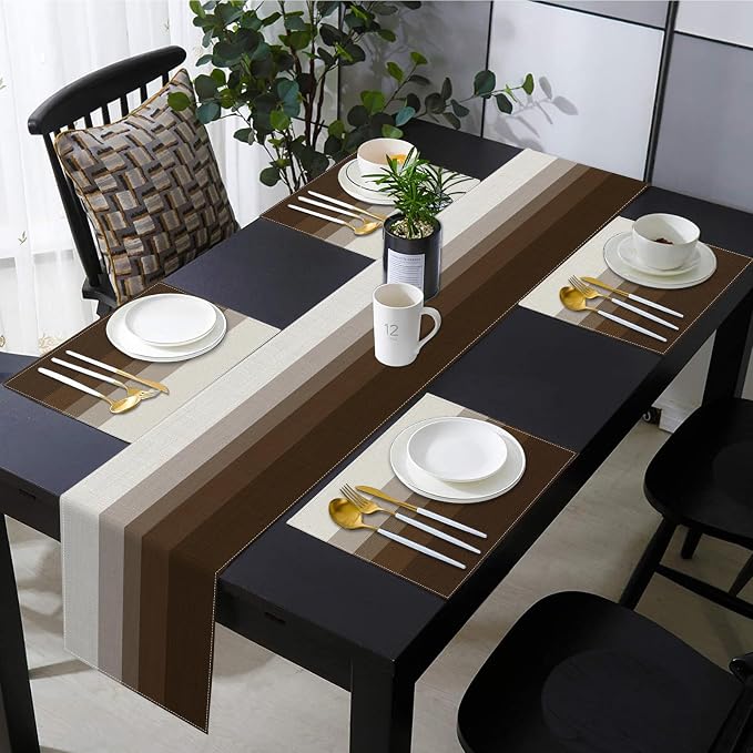 Emvency Coffee Brown Grey Gradient Stripe Table Runner and Placemats Set of 6,Modern Geometric Painting Art Dining Decor for Daily Use(1 Table Runner 72 inches Long and 6 Placemats)