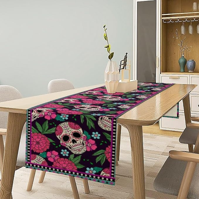 YCness Dia De Los Muertos Table Runner Red Floral Cinco De Mayo Rustic Linen Mexican Sugar Skull Day of The Dead Altar Decoration for Home Kitchen Dining Room, 13x108 Inch Black