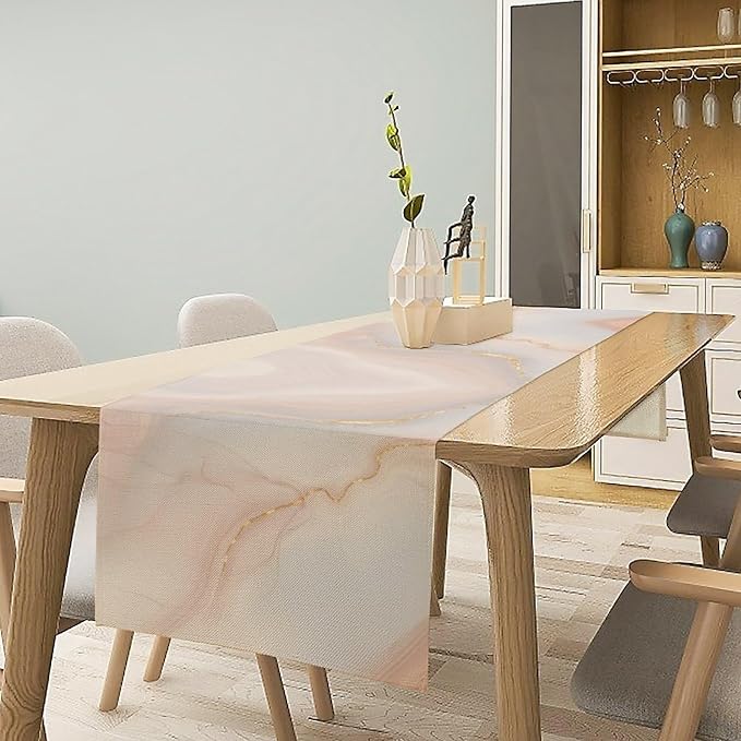 Marble Table Runner, Fantastic Soft Pink Gold Textured Art Table Runner for Kitchen Dining Cafe Party Wedding Birthday Decor, 13x90 Inch