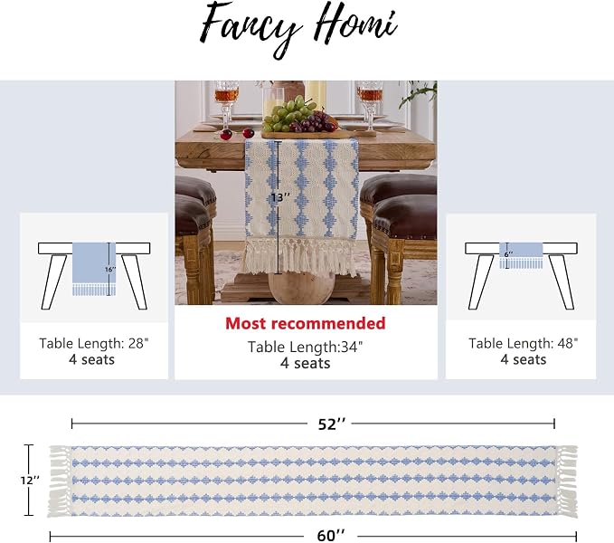Fancy Homi Light Blue Boho Cotton Polyester Table Runner 60 Inches Long, Farmhouse Macrame Table Runners with Tassels for Home Party Bohemian Rustic Bridal Shower Kitchen Dining Decor 12x60 Inches