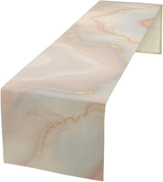 Marble Table Runner, Fantastic Soft Pink Gold Textured Art Table Runner for Kitchen Dining Cafe Party Wedding Birthday Decor, 13x90 Inch