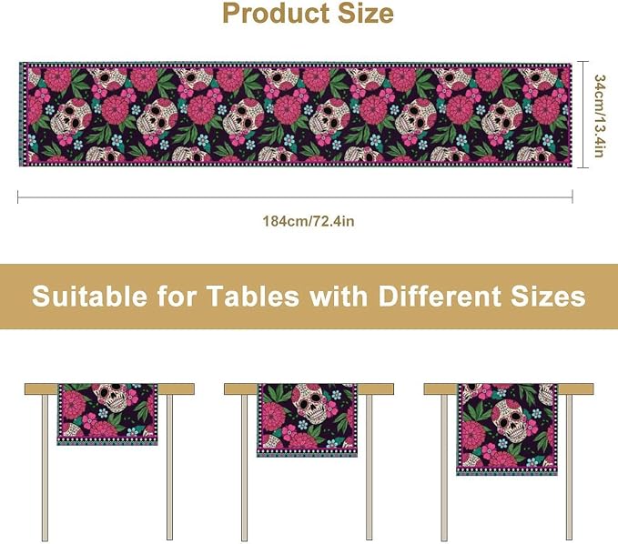 YCness Dia De Los Muertos Table Runner Red Floral Cinco De Mayo Rustic Linen Mexican Sugar Skull Day of The Dead Altar Decoration for Home Kitchen Dining Room, 13x108 Inch Black