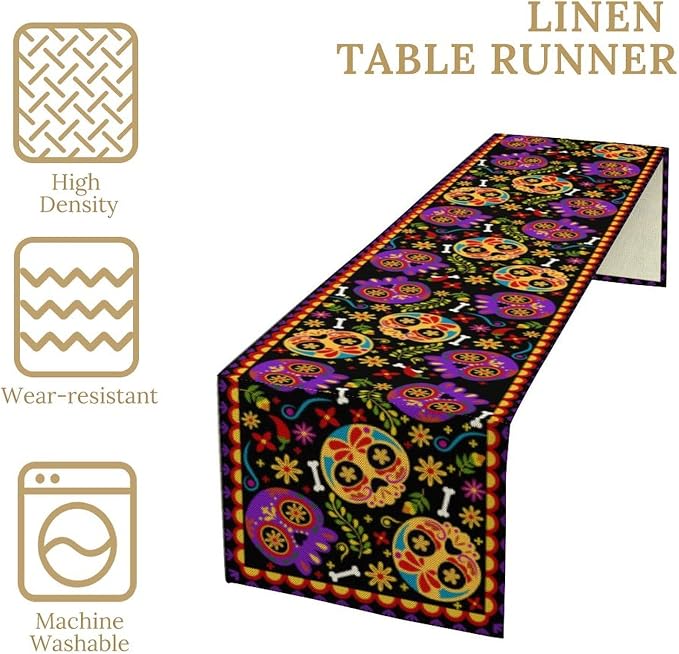 Mexican Fiesta Table Runner Decoration Skull Cinco De Mayo Dia De Los Muertos Runners Farmhouse Rustic Day of The Dead Decor Supplies for Kitchen Dining Home, 13x36 Inch Black