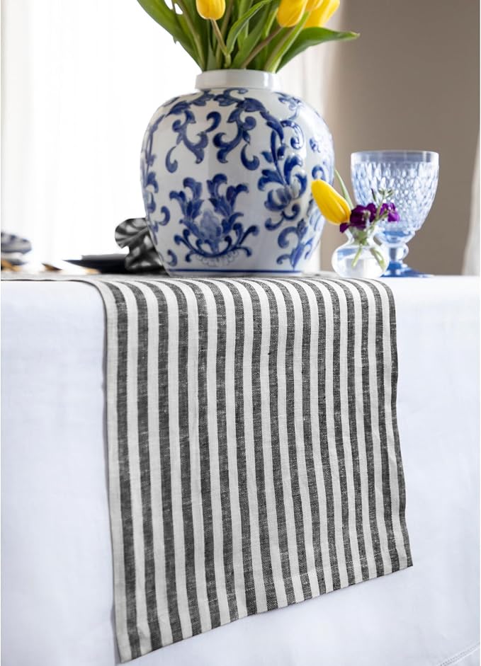Solino Home Linen Table Runner 120 Inches Long - Amalfi Stripe, 100% Pure Linen Black and White Table Runner 14 x 120 Inch for Dining, Summer