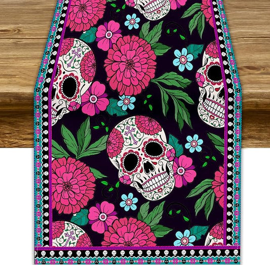 YCness Dia De Los Muertos Table Runner Red Floral Cinco De Mayo Rustic Linen Mexican Sugar Skull Day of The Dead Altar Decoration for Home Kitchen Dining Room, 13x108 Inch Black