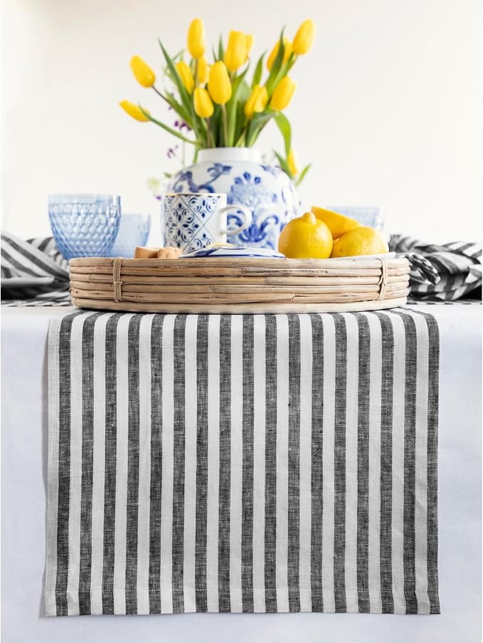 Solino Home Linen Table Runner 120 Inches Long - Amalfi Stripe, 100% Pure Linen Black and White Table Runner 14 x 120 Inch for Dining, Summer