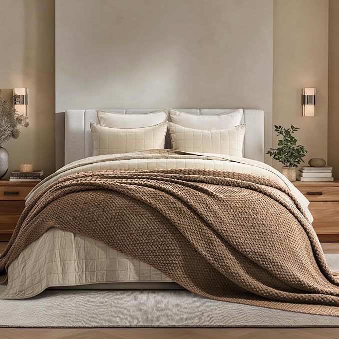 EVERGRACEHOME Chunky Chenille Knit Throw Blanket for Couch, Soft Luxurious Oversized Queen Moss Stitch Blanket for Bed, Cozy Farmhouse Knitted Throw for Sofa, Camel Brown, 90" x 90"