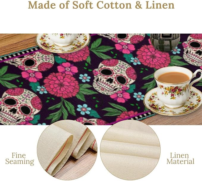 YCness Dia De Los Muertos Table Runner Red Floral Cinco De Mayo Rustic Linen Mexican Sugar Skull Day of The Dead Altar Decoration for Home Kitchen Dining Room, 13x108 Inch Black