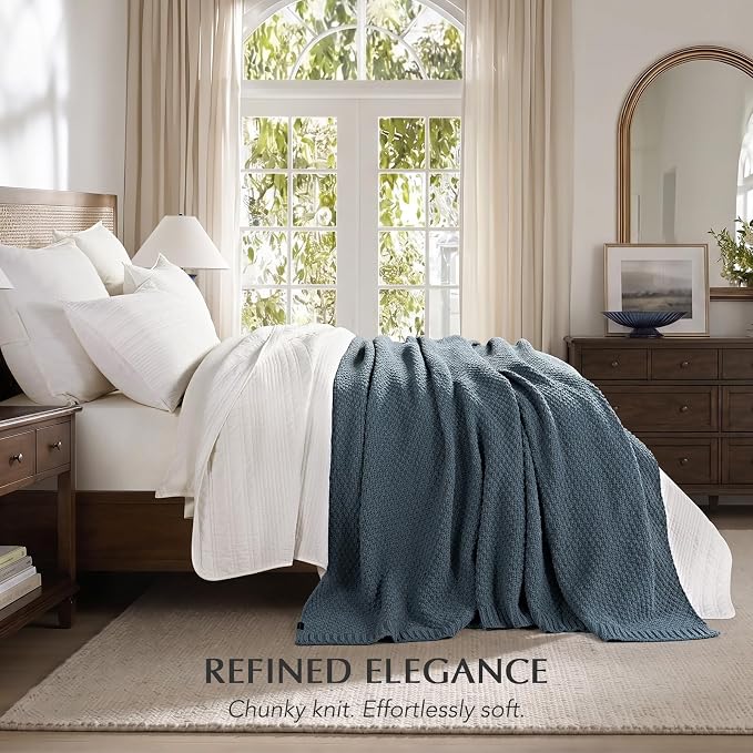 EVERGRACEHOME Chunky Polyester Knit Throw Blanket for Couch, Soft Luxurious Oversized King Moss Stitch Blanket for Bed, Large Cozy Farmhouse Knitted Throw for Sofa, Stormy Blue, 108" x 92"