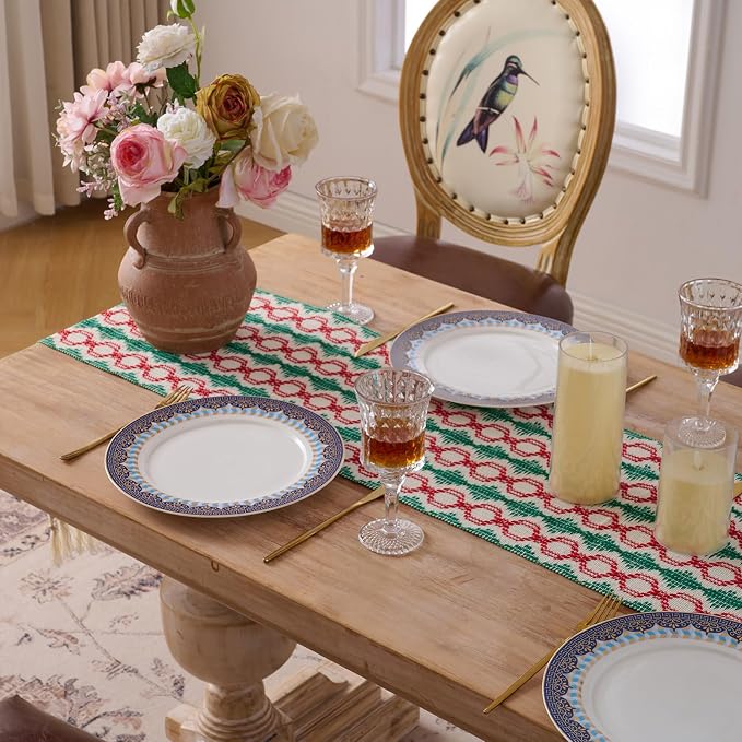 Fancy Homi Christmas Boho Cotton Polyester Table Runner 108 Inches Long, Farmhouse Macrame Table Runners with Tassels for Home Party Bohemian Rustic Bridal Shower Kitchen Dining Decor 12x108 Inches