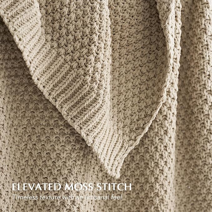 EVERGRACEHOME Chunky Chenille Knit Throw Blanket for Couch, Soft Luxurious Oversized King Moss Stitch Blanket for Bed, Large Cozy Farmhouse Knitted Throw for Sofa, Sand Dune, 92" x 108"