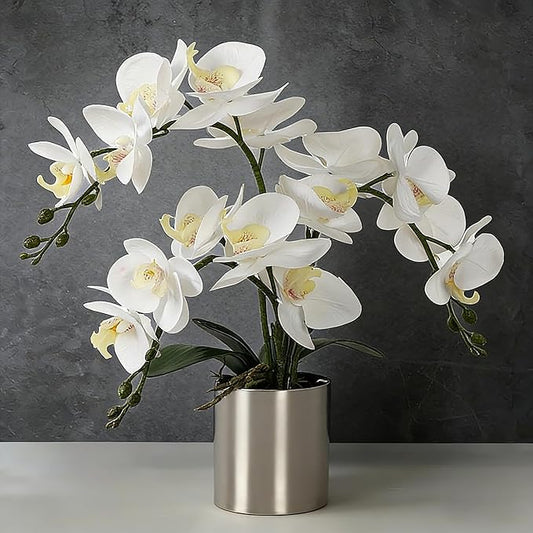LESING Potted Artificial Orchid Flowers,Real Touch White Fake Artificial Orchid Flower in Silver Vase Arrangement for Table Living Room Decoration (White,Silver Vase)