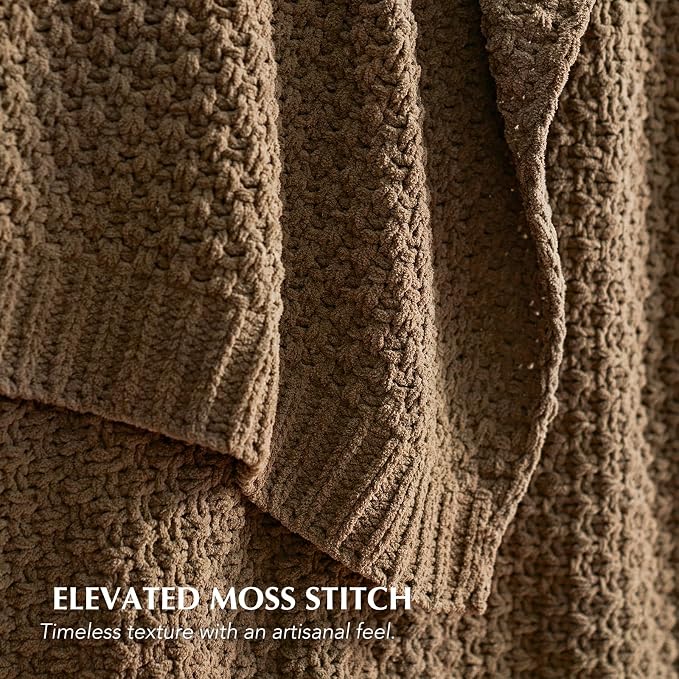 EVERGRACEHOME Chunky Chenille Knit Throw Blanket for Couch, Soft Luxurious Oversized Queen Moss Stitch Blanket for Bed, Cozy Farmhouse Knitted Throw for Sofa, Camel Brown, 90" x 90"