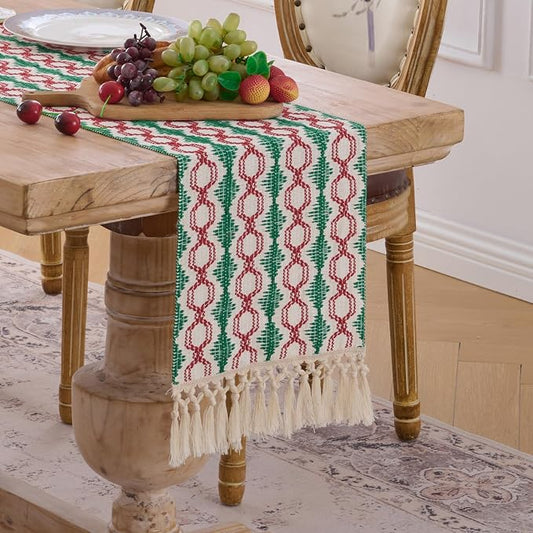 Fancy Homi Christmas Boho Cotton Polyester Table Runner 108 Inches Long, Farmhouse Macrame Table Runners with Tassels for Home Party Bohemian Rustic Bridal Shower Kitchen Dining Decor 12x108 Inches