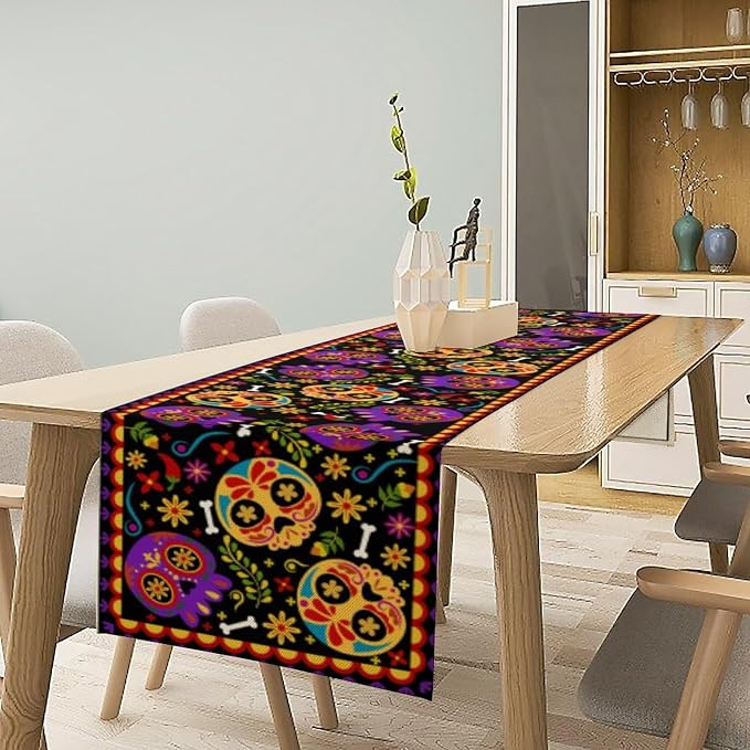 Mexican Fiesta Table Runner Decoration Skull Cinco De Mayo Dia De Los Muertos Runners Farmhouse Rustic Day of The Dead Decor Supplies for Kitchen Dining Home, 13x36 Inch Black