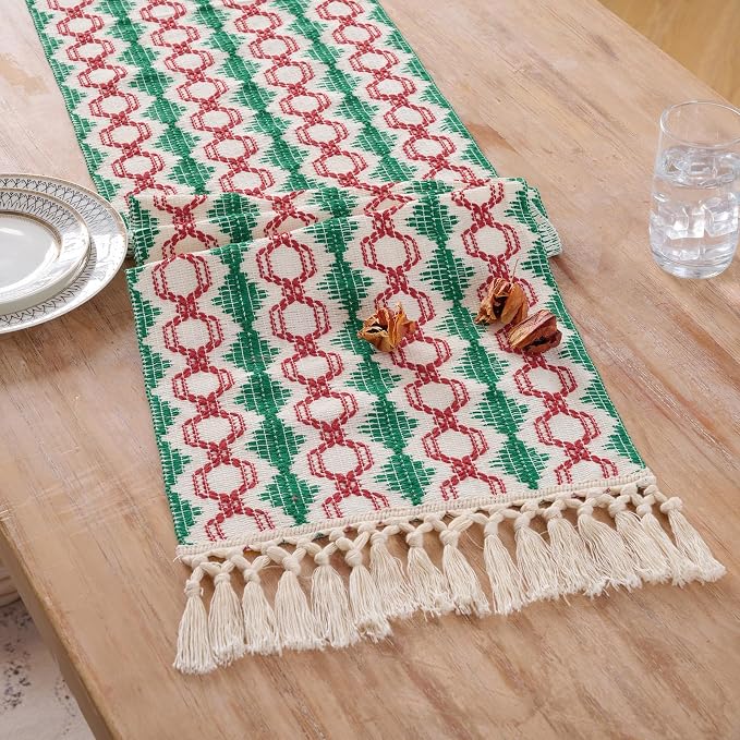 Fancy Homi Christmas Boho Cotton Polyester Table Runner 108 Inches Long, Farmhouse Macrame Table Runners with Tassels for Home Party Bohemian Rustic Bridal Shower Kitchen Dining Decor 12x108 Inches