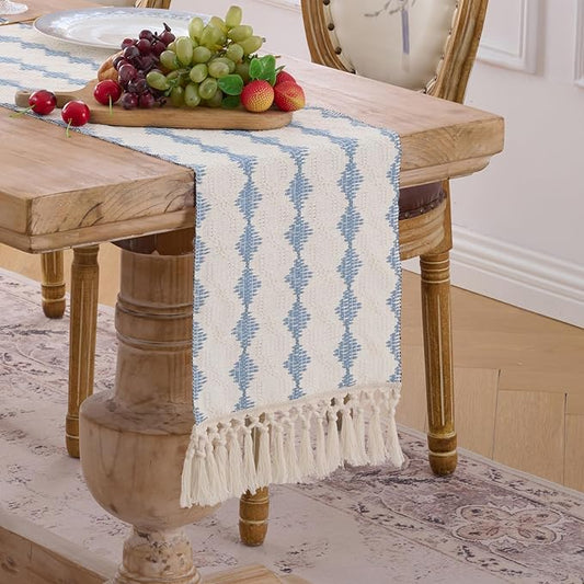 Fancy Homi Light Blue Boho Cotton Polyester Table Runner 60 Inches Long, Farmhouse Macrame Table Runners with Tassels for Home Party Bohemian Rustic Bridal Shower Kitchen Dining Decor 12x60 Inches