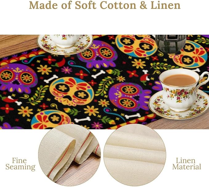 Mexican Fiesta Table Runner Decoration Skull Cinco De Mayo Dia De Los Muertos Runners Farmhouse Rustic Day of The Dead Decor Supplies for Kitchen Dining Home, 13x36 Inch Black