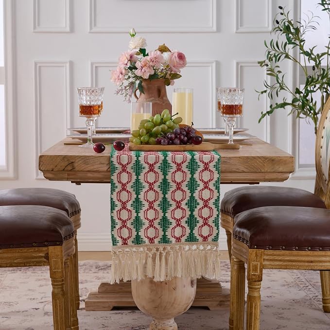 Fancy Homi Christmas Boho Cotton Polyester Table Runner 108 Inches Long, Farmhouse Macrame Table Runners with Tassels for Home Party Bohemian Rustic Bridal Shower Kitchen Dining Decor 12x108 Inches
