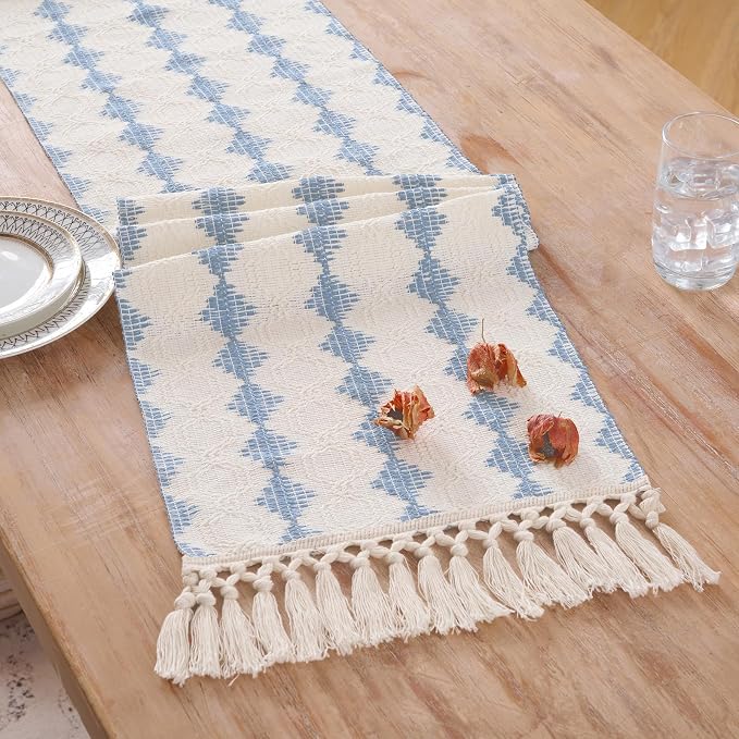 Fancy Homi Light Blue Boho Cotton Polyester Table Runner 60 Inches Long, Farmhouse Macrame Table Runners with Tassels for Home Party Bohemian Rustic Bridal Shower Kitchen Dining Decor 12x60 Inches