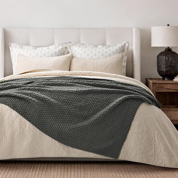 EVERGRACEHOME Chunky Chenille Knit Throw Blanket for Couch, Soft Luxurious Moss Stitch Blankets for Bed, Cozy Decorative Farmhouse Knitted Throws for Sofa, Charcoal Gray, 60" x 80"