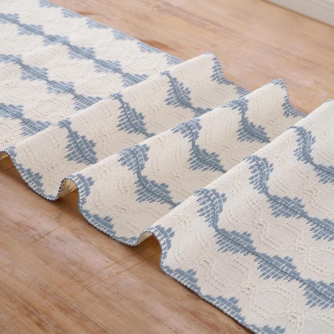Fancy Homi Light Blue Boho Cotton Polyester Table Runner 60 Inches Long, Farmhouse Macrame Table Runners with Tassels for Home Party Bohemian Rustic Bridal Shower Kitchen Dining Decor 12x60 Inches