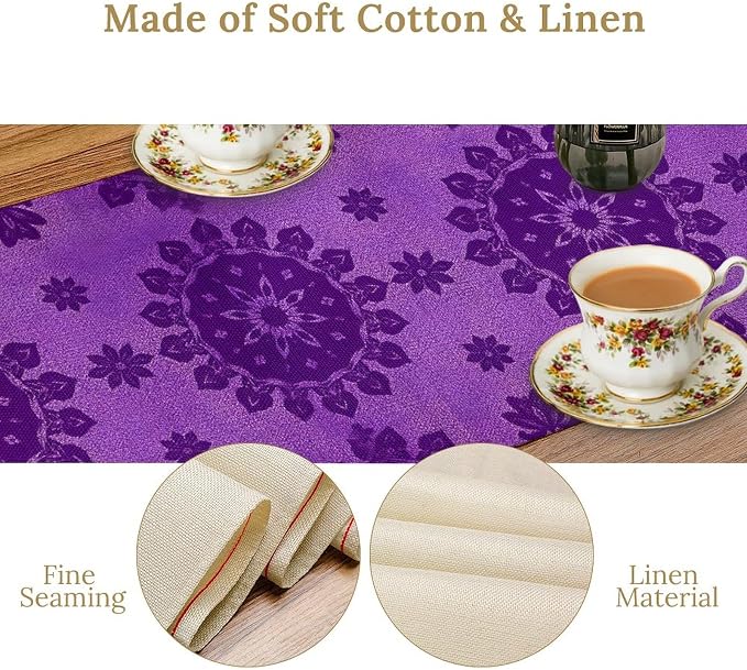 YCness Abstract Flower Mandela Table Runner, Watercolor Purple Geometric Modern Vintage Art Table Runner Table Cloth for Wedding Party Holiday Home Decor, 13x60 Inch