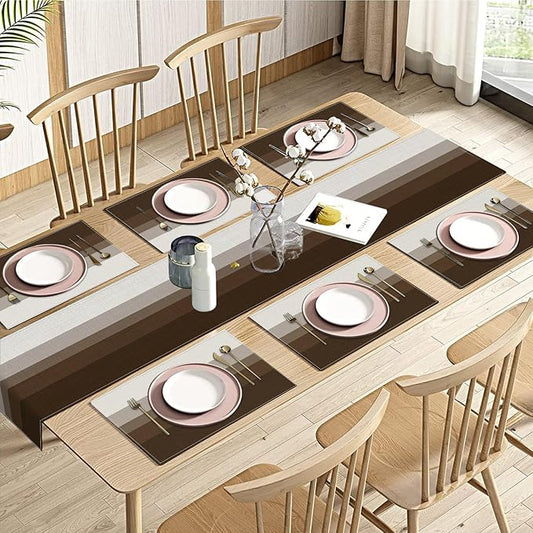 Emvency Coffee Brown Grey Gradient Stripe Table Runner and Placemats Set of 6,Modern Geometric Painting Art Dining Decor for Daily Use(1 Table Runner 72 inches Long and 6 Placemats)