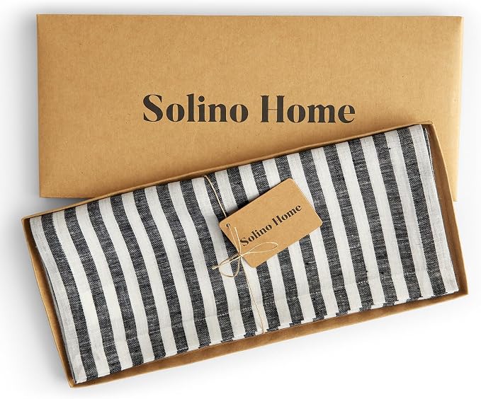 Solino Home Linen Table Runner 120 Inches Long - Amalfi Stripe, 100% Pure Linen Black and White Table Runner 14 x 120 Inch for Dining, Summer