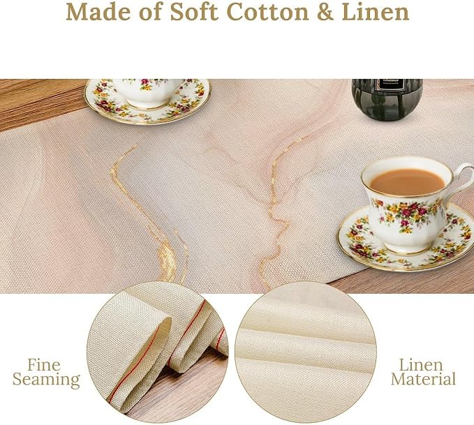 Marble Table Runner, Fantastic Soft Pink Gold Textured Art Table Runner for Kitchen Dining Cafe Party Wedding Birthday Decor, 13x90 Inch