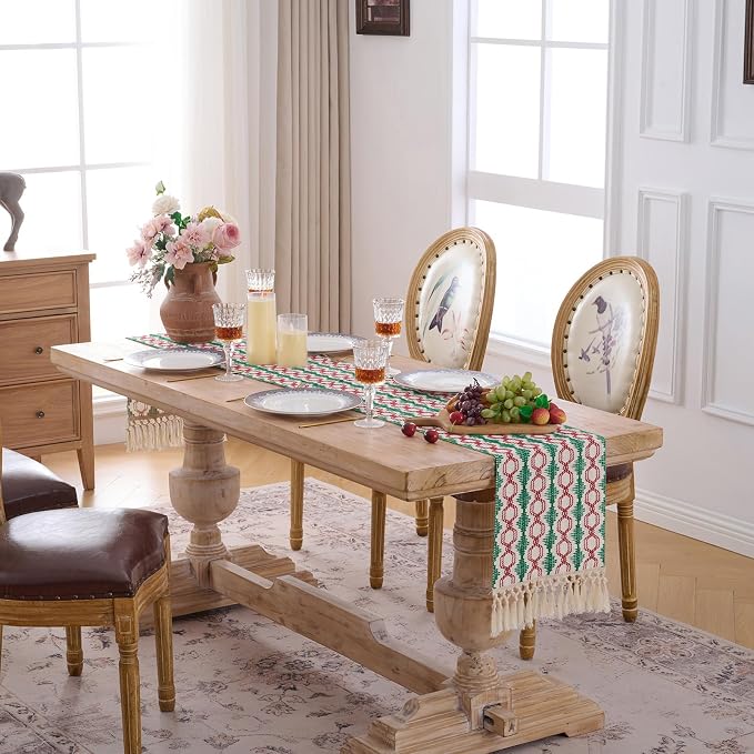Fancy Homi Christmas Boho Cotton Polyester Table Runner 108 Inches Long, Farmhouse Macrame Table Runners with Tassels for Home Party Bohemian Rustic Bridal Shower Kitchen Dining Decor 12x108 Inches