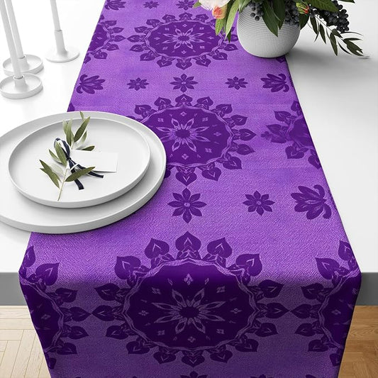 YCness Abstract Flower Mandela Table Runner, Watercolor Purple Geometric Modern Vintage Art Table Runner Table Cloth for Wedding Party Holiday Home Decor, 13x60 Inch