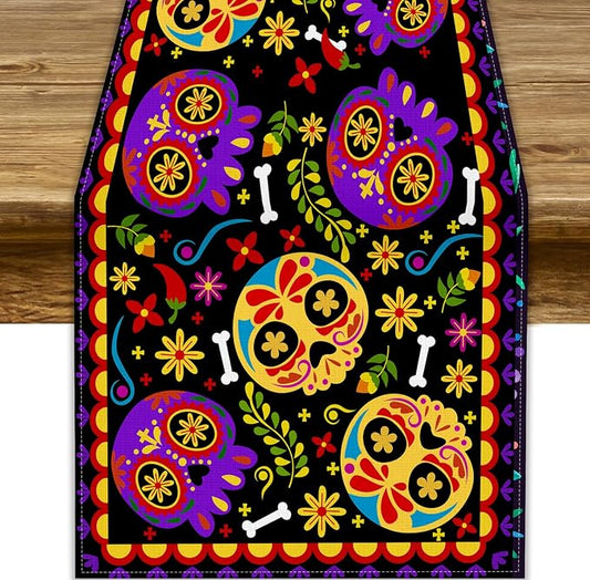 Mexican Fiesta Table Runner Decoration Skull Cinco De Mayo Dia De Los Muertos Runners Farmhouse Rustic Day of The Dead Decor Supplies for Kitchen Dining Home, 13x36 Inch Black