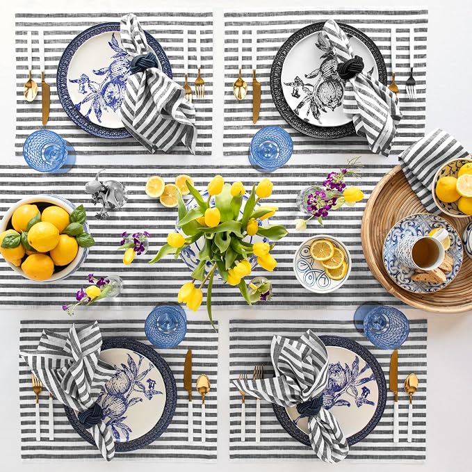 Solino Home Linen Table Runner 120 Inches Long - Amalfi Stripe, 100% Pure Linen Black and White Table Runner 14 x 120 Inch for Dining, Summer